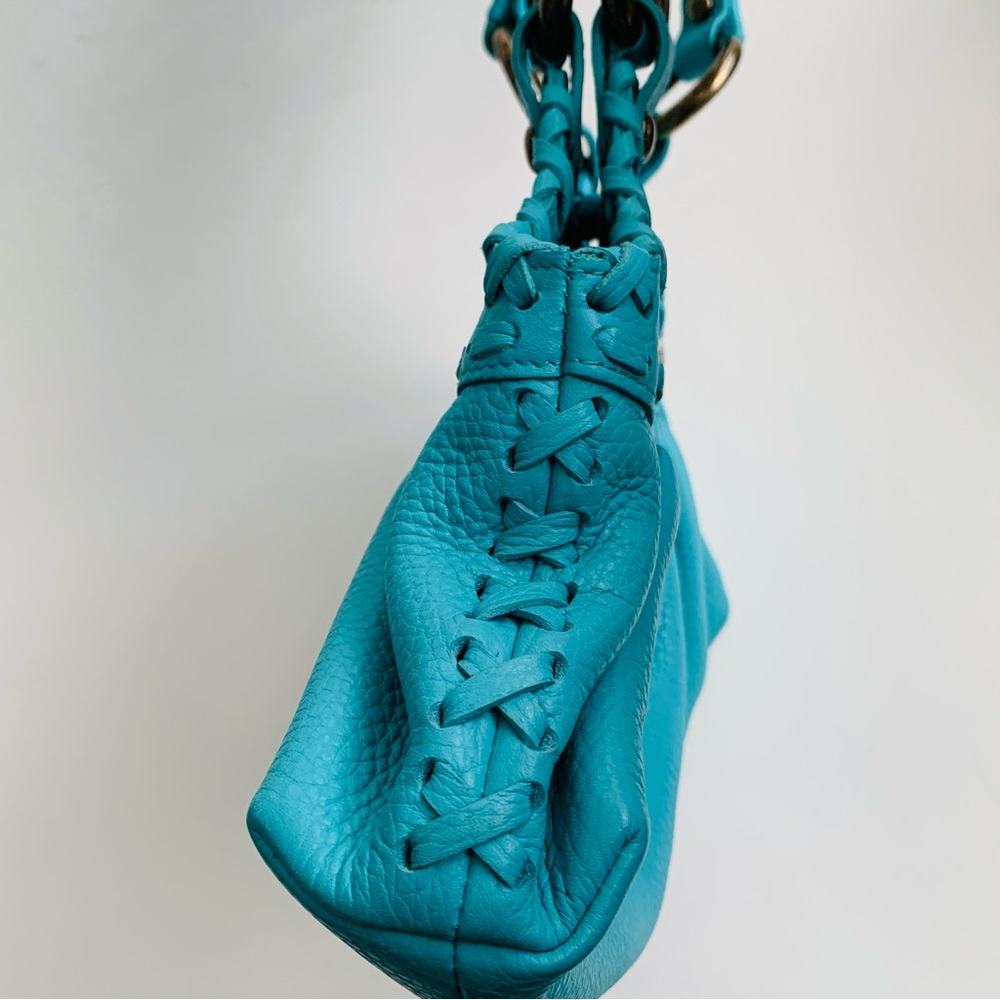 ISABELLA FIORE Turquoise Blue Leather Whip Stitch Shoulder Hobo Bag Purse - Picture 8 of 16